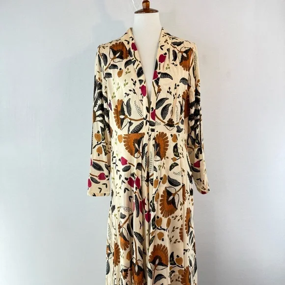 Farm Rio Palms Paradise Sand Long Sleeve V-Neck Floral Maxi Dress L - Picture 3 of 16